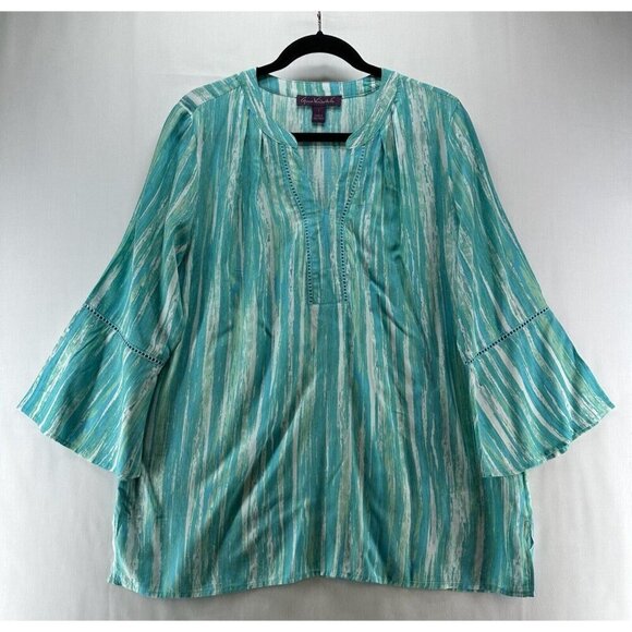Gloria Vanderbilt Tops - Gloria Vanderbilt Top Size L Stripe Tunic Blouse 3/4 Bell Sleeve Viscose Blue